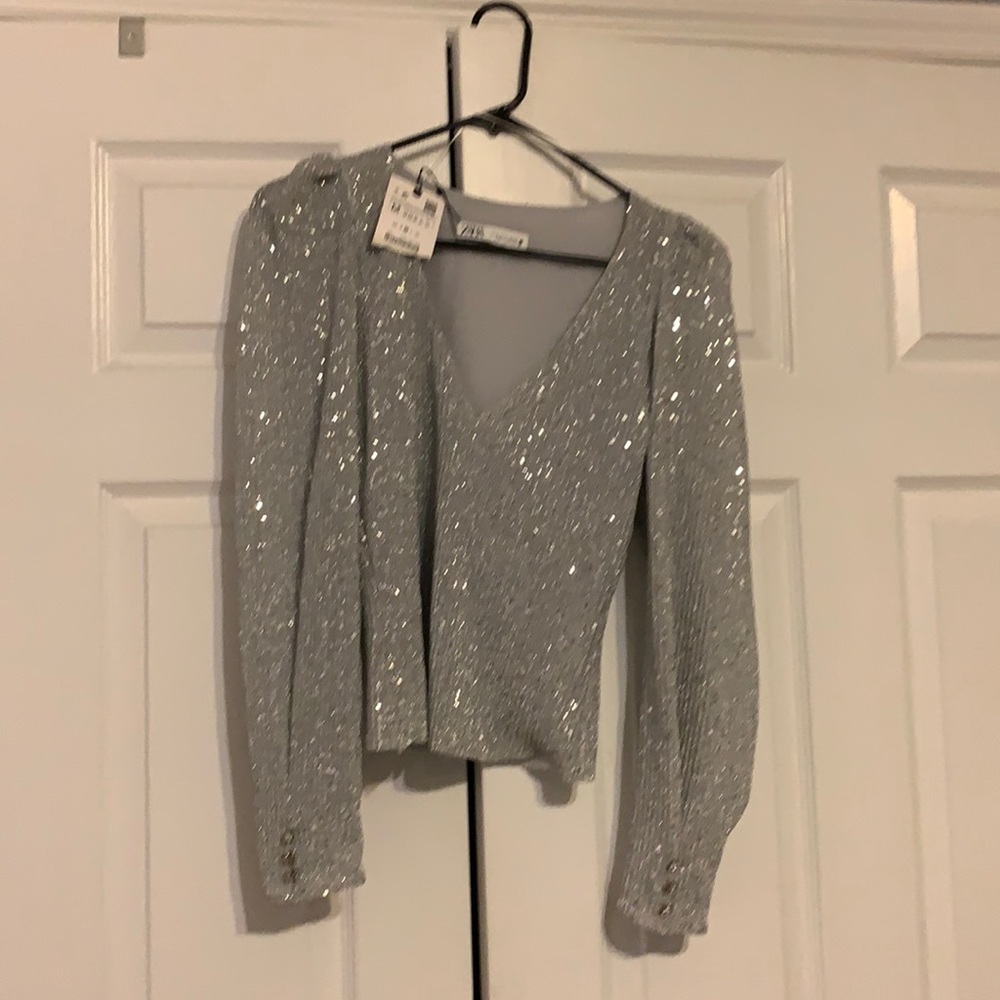 Zara Silver Puffy Shoulder Top